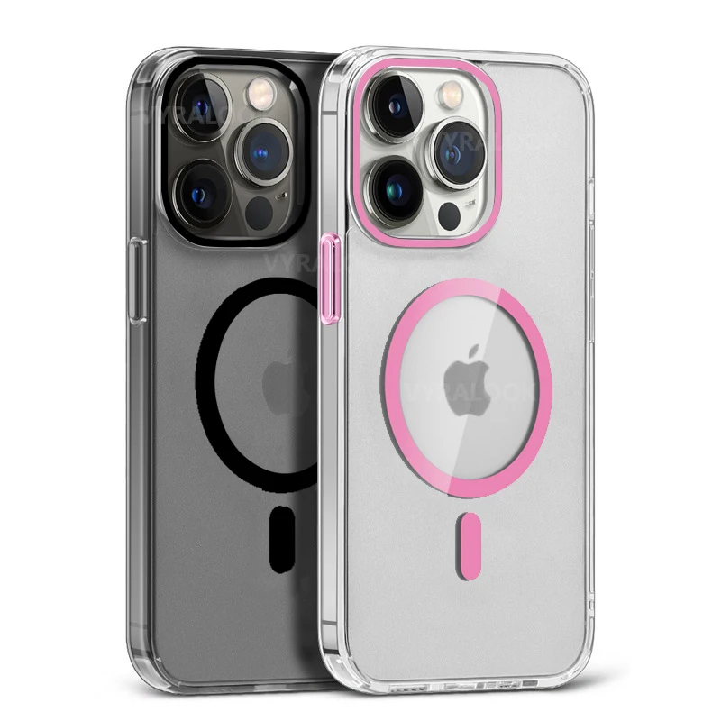 

Прозрачный чехол для телефона iPhone 16, 15, 14, 13, 17 Pro Max Plus 17 Air 16e с металлическими кнопками для Magsafe, магнитный беспроводной чехол