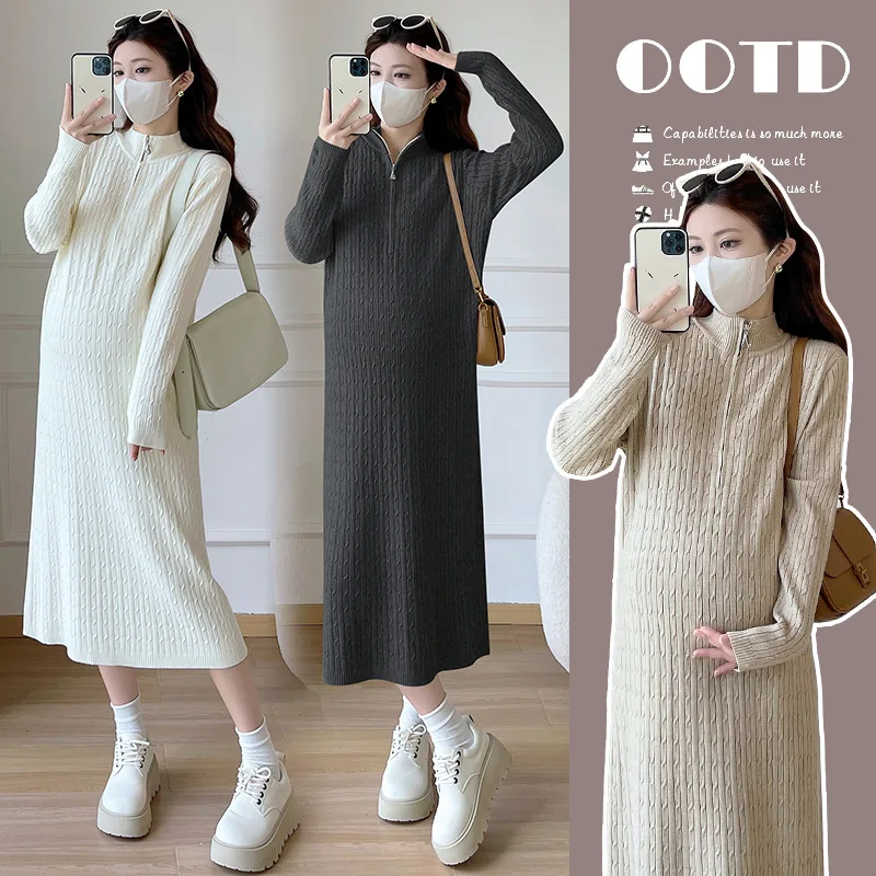Maternity Autumn New Style Korean Version Zipper Collar Loose Knitted Thickened Long Sleeve Twist Pattern Sweater Dress