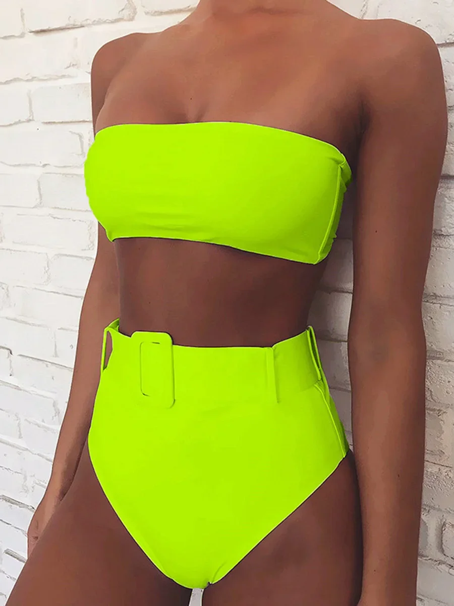 Neon Green Bandeau Swimsuit High Waist Bikini 2024 Women Swimwear Female Two pieces Bikini set Buckle Waistband bathing suit