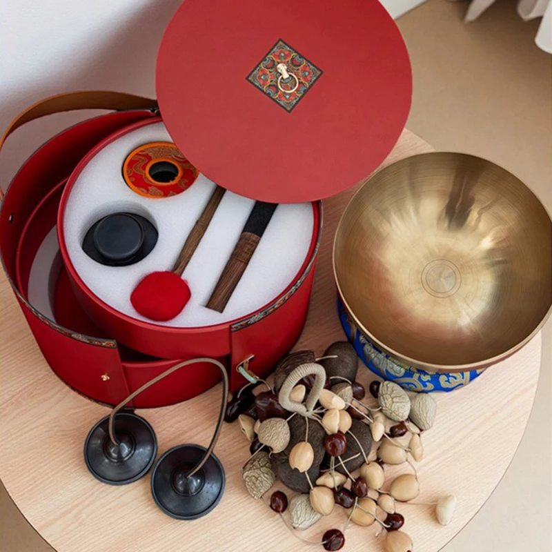 

Nepal Handmade Singing Bowl Set Gift Box Fruit Shell Handbell Meditation Sound Healing Tinkle Bell Luxury Percussion Instrument