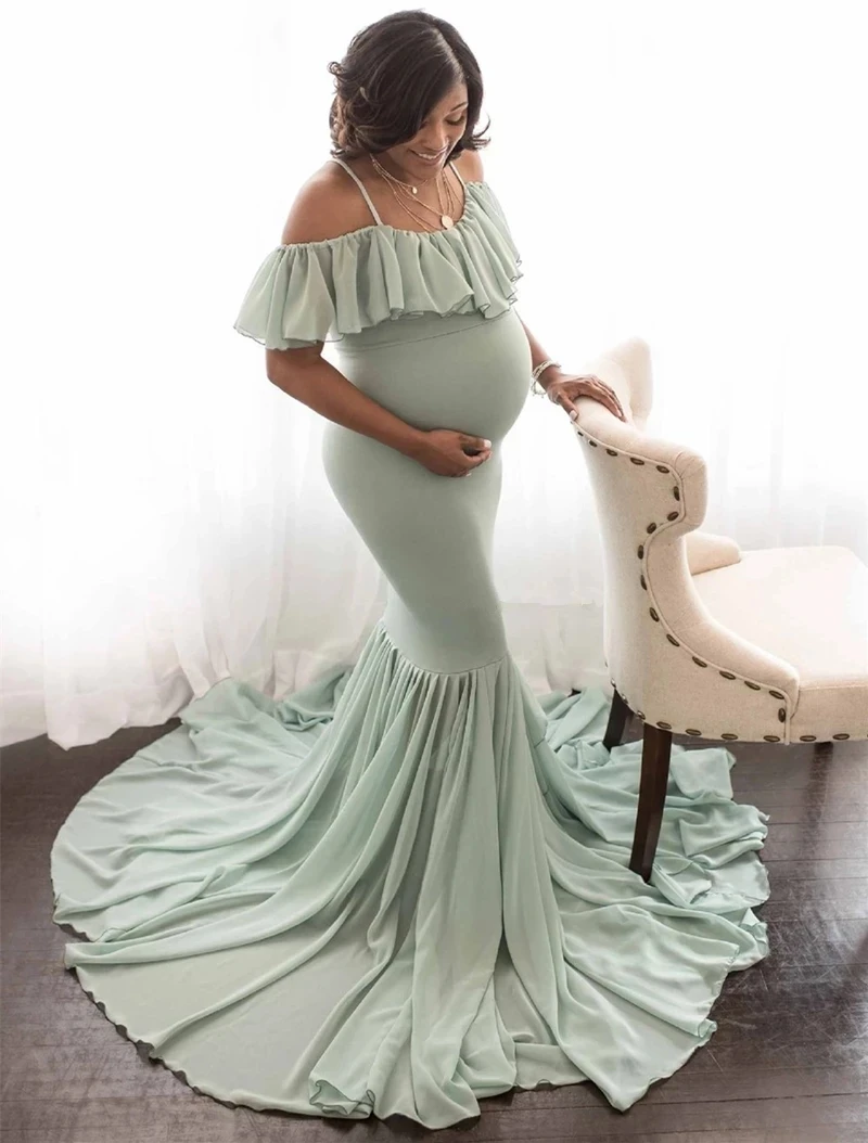 Vestidos de maternidad de sirena para sesión de fotos de mujeres embarazadas, accesorios de fotografía, vestido de maternidad Maxi sin hombros Sexy