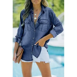 2024 NEW Shirts for Women Spring Turn-down Collar Pocket Tencel Blue Solid Shirt Women's Fashion Casual Denim Shirt  Women Tops