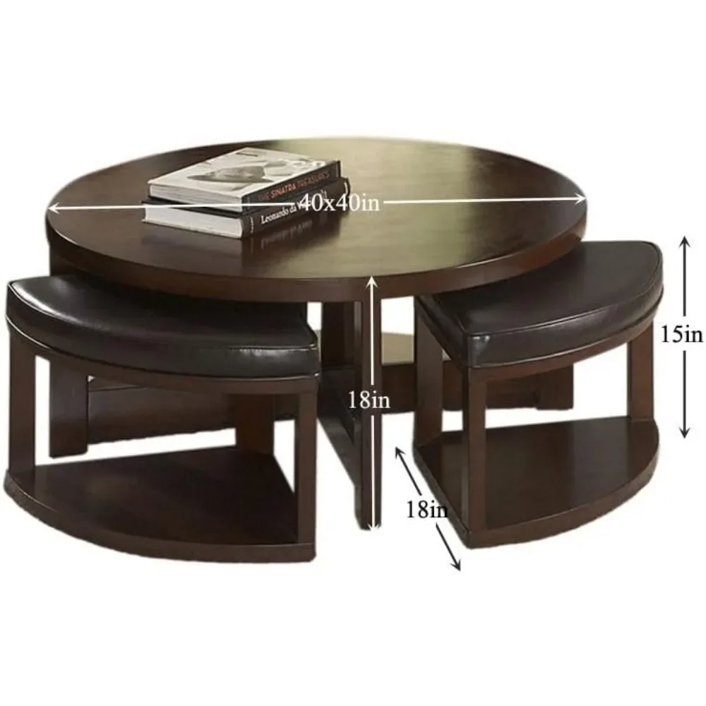 Coffee Table Set, Round Tables with 4 Upholstered Nesting Stools, Space-Saving Design, 5-Piece Coffee Table Set