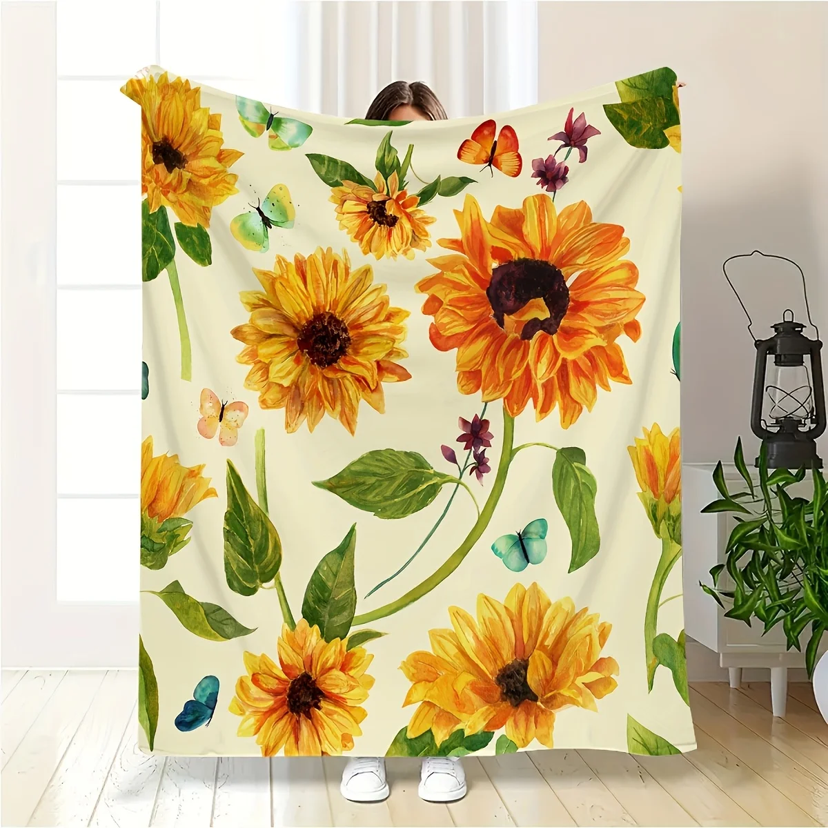 Sunflower Butterfly Garden Floral Pattern Fleece Blanket Bright Yellow Green Nature Theme Soft Flannel Throw Couch Cover Home