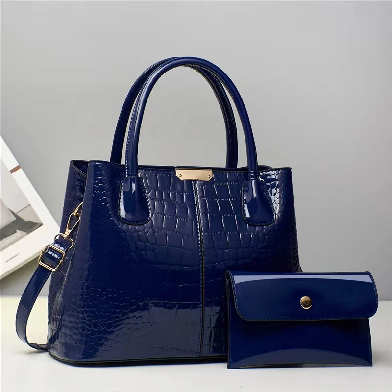 Chic Crocodile-Embossed Tote Bag Set for Women - Faux Leather, Includes Clutch Purse, Zip Closure, Available in Purple/Black