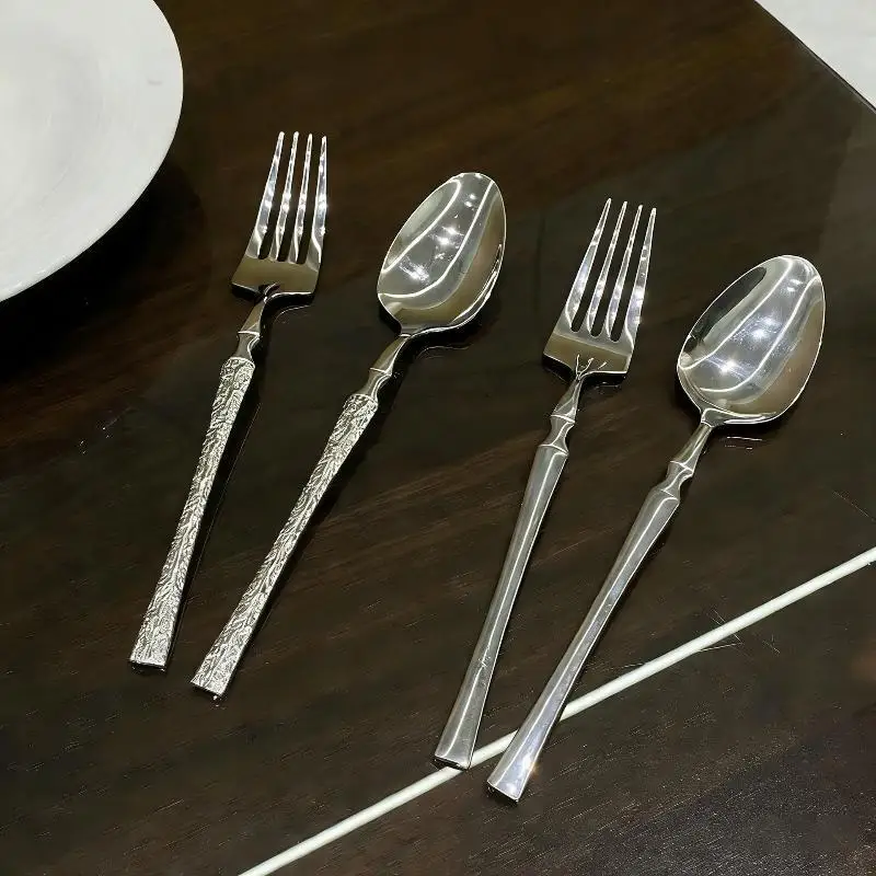 Stainless Steel Long Handle Spoon Dinnerware Set Western Steak Cutlery Ice Pattern Spoon Fork Tree Bark Pattern Small Waist