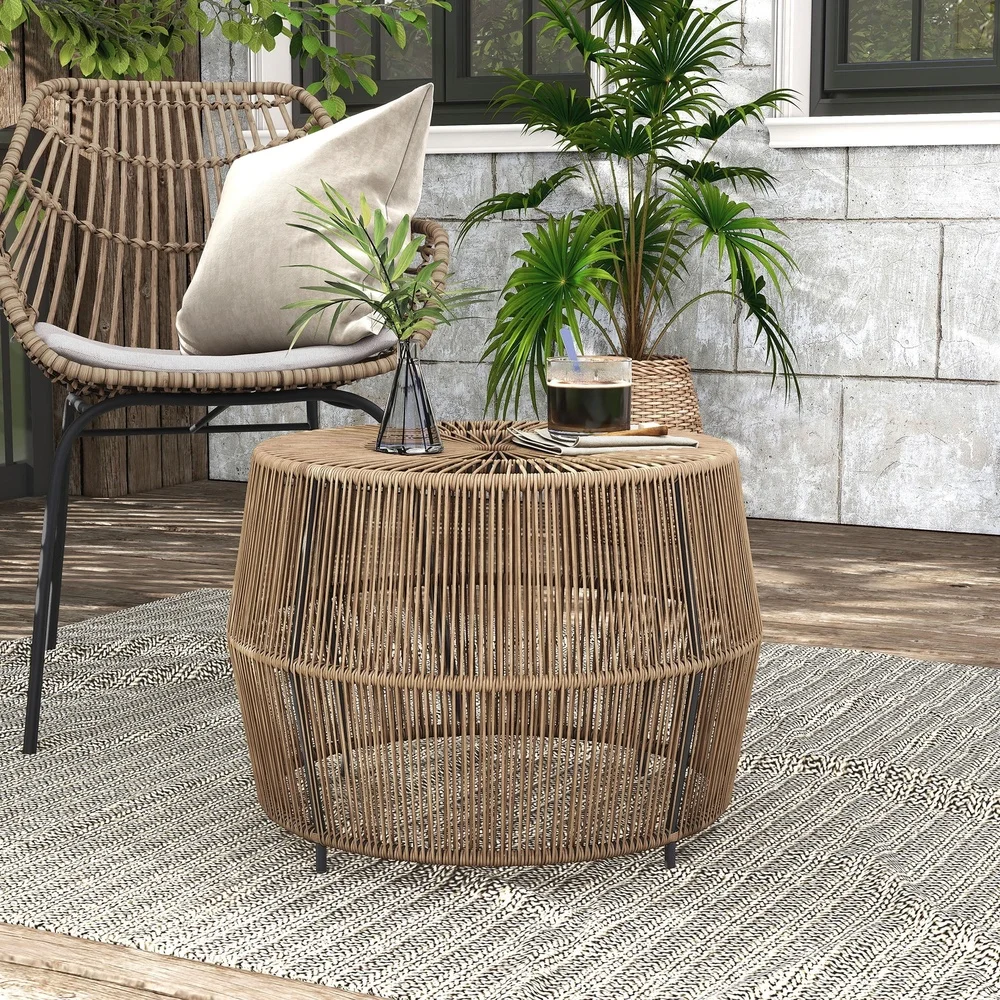 Outdoor Round Coffee Table PE Wicker Rattan Weather Resistant Durable Lightweight Indoor Outdoor Side Table Small Spaces