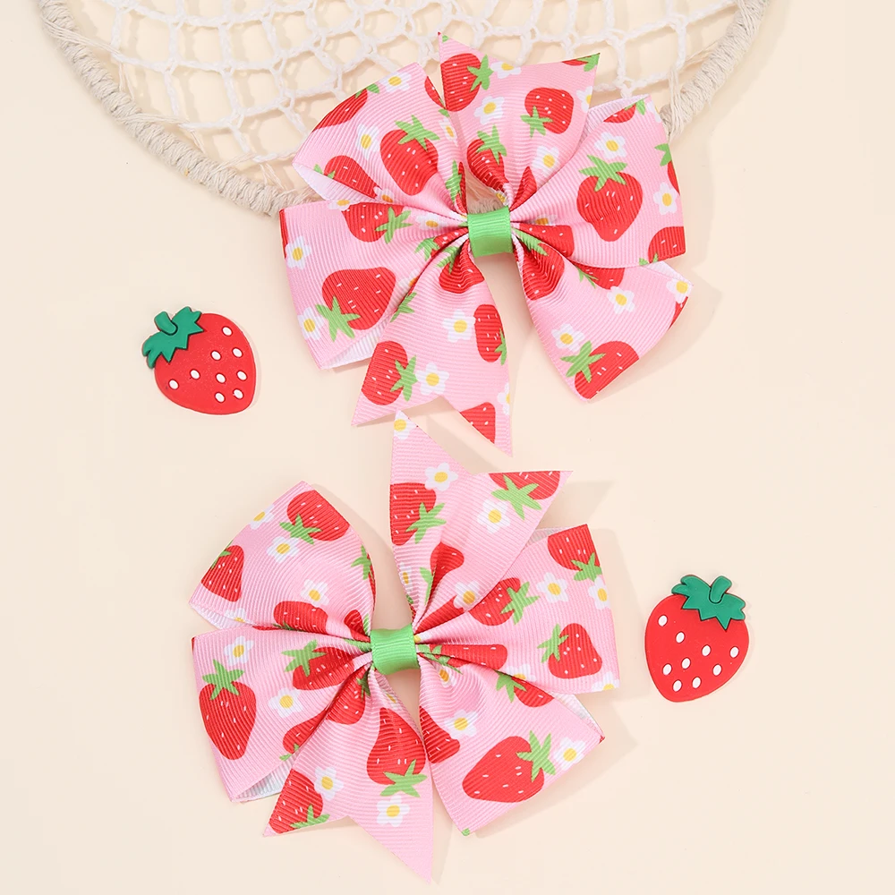 

2Pcs Strawberry Ribbon Hair Clips Pink Sweet Flower Print Hairpin Trendy Barrette For Girls Children Kids Headdress Accessories