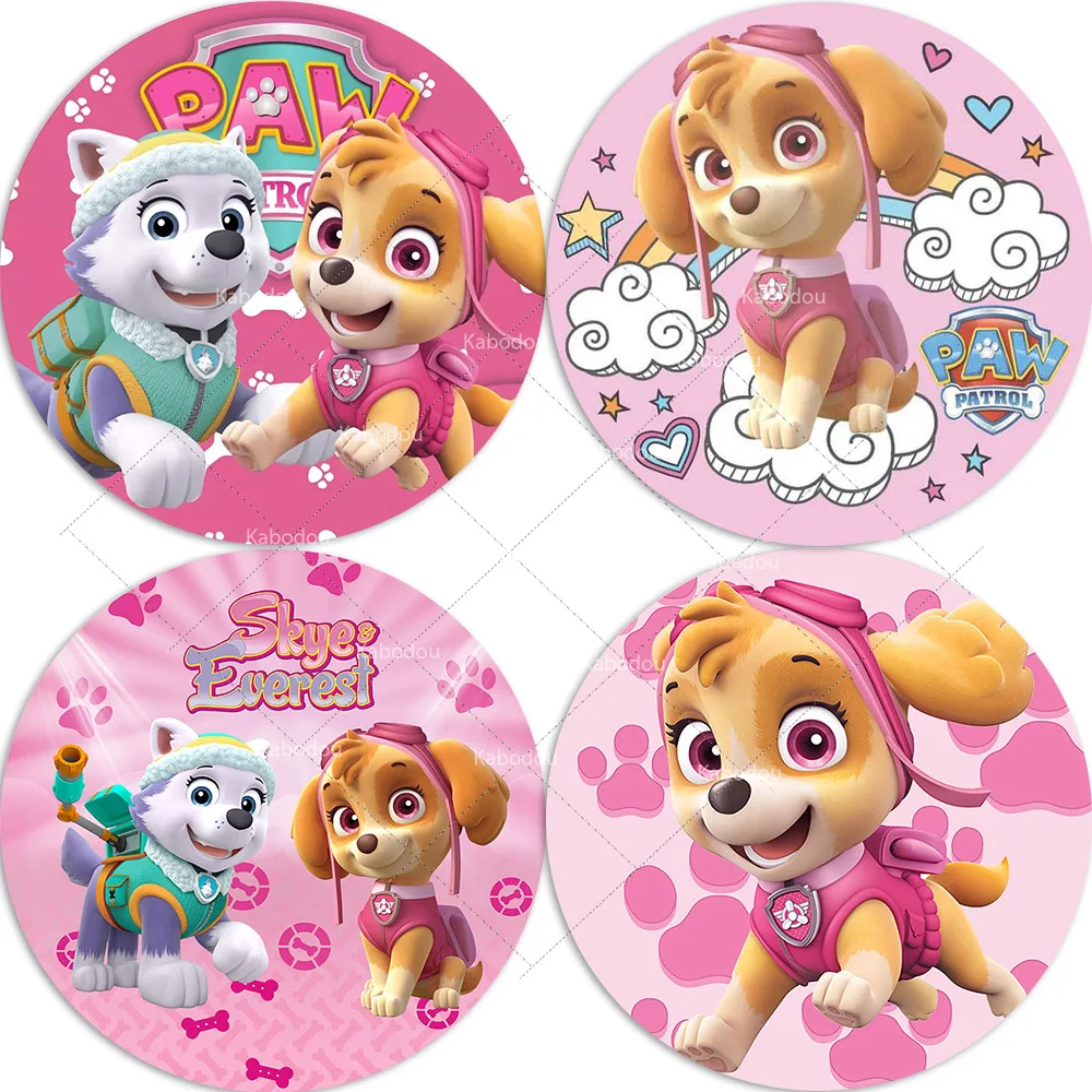 Paw Patrol Skye Backdrop Round Cover For Girls Birthday Party Background Pink Dog Paw Baby Shower Decoration Banner Poster