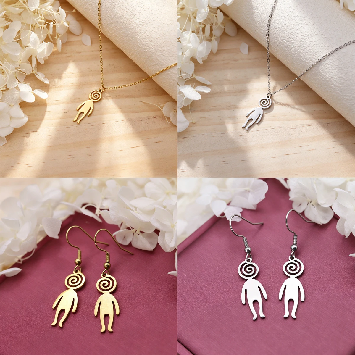 Spiral Head Human Figure Pendant Necklace Hook Dangle Earrings Stainless Steel Abstract Charms Trendy Jewelry Gift for Birthday
