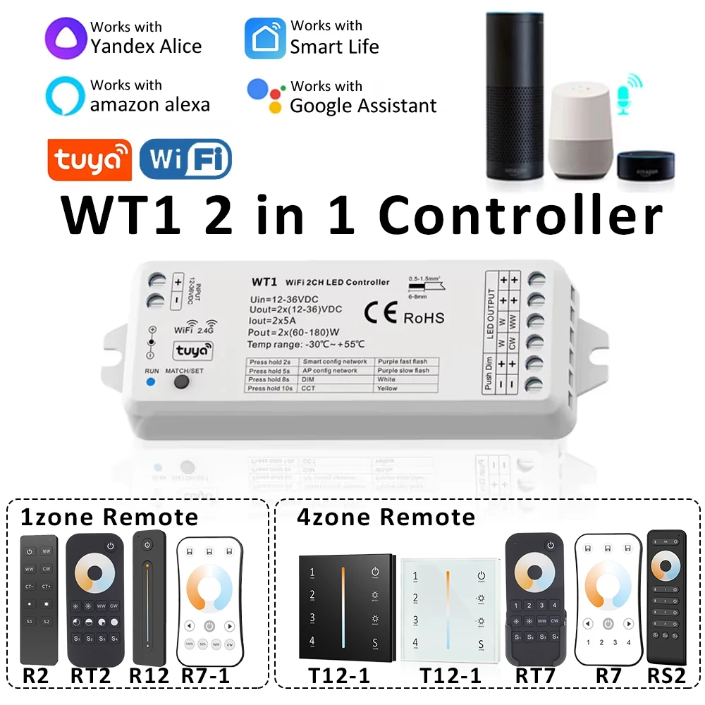 Tuya Wifi 2in1 LED Controller DC12V 24V 2CH 10A Smart Life Voice Push Dimming Switch Single Color CCT LED Strip Light WT1 Dimmer