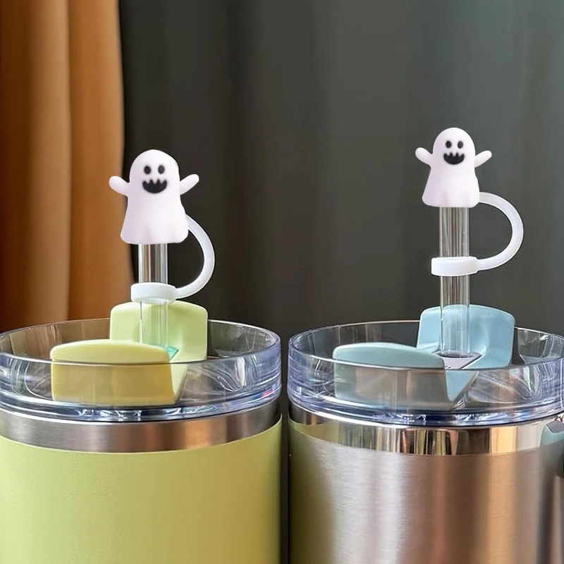 Cute Ghost Straw Covers Cap Compatible with Stanley Cup 30 40 oz, 4PCS Silicone Reusable Drinking Straw Topper Including 2 style