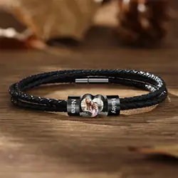 PolishedPlus Personalized Men Bracelet Custom Photo Names Beads Braid Leather Bracelets For Dad Fashion Jewelry Father's Gifts