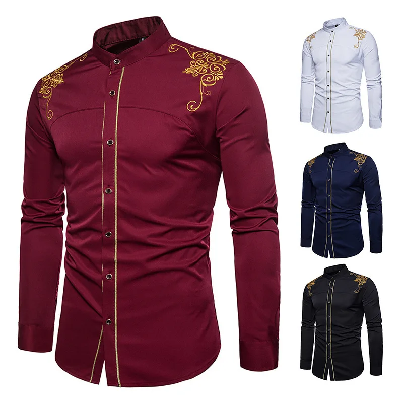 Men's Autumn and Winter Fashion Men's European and American Palace Embroidery Long Sleeve Shirts Men's Casual Shirts