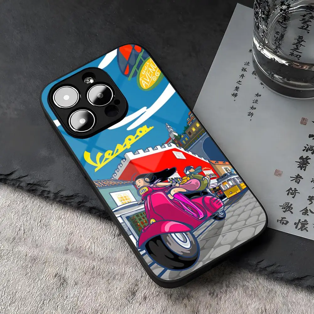 Vespa Scooter Tempered Glass For iPhone 16 13 14 12 15 11 Pro Max Plus Mini X XR SE2020 Coque