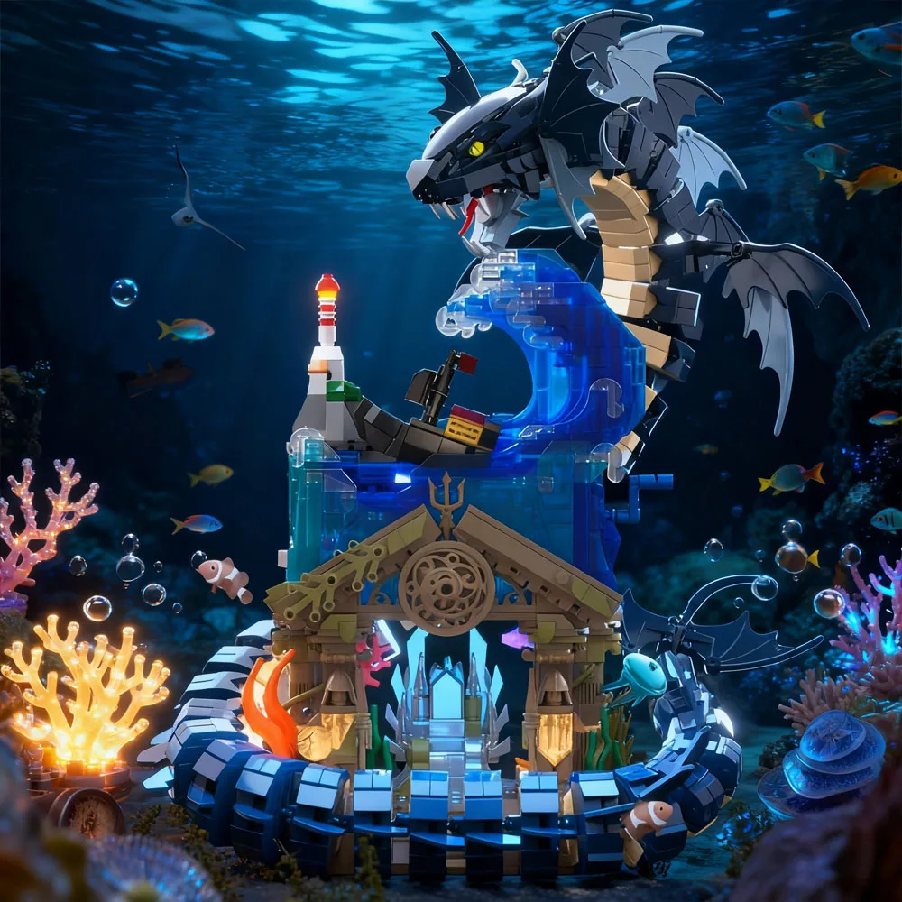 

Creative IDEAS Anime Serpent of The Deep Building Blocks with Light Sea Monster Model Toys dragon Collection Christmas Gifts