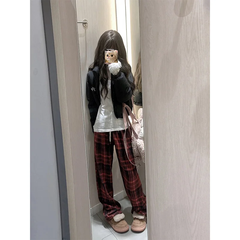 الأحمر منقوشة Fce اصطف واسعة الساق عارضة السراويل عالية الخصر مستقيم قطع الرياضة Sweatpants للنساء الخريف الشتاء فضفاضة تناسب