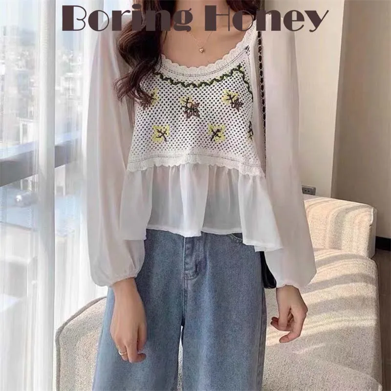 

Boring Honey вязаный шифоновый пуловер с длинными рукавами футболка женский универсальный топ с вышивкой летний тонкий богемный национальный стиль