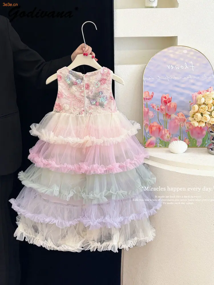 Sweet Baby Girls Floral Princess Dress Summer 2026 New Kids Heavy Sequin Embroidery Rainbow-style Fluffy Tulle Vest Cake Dress