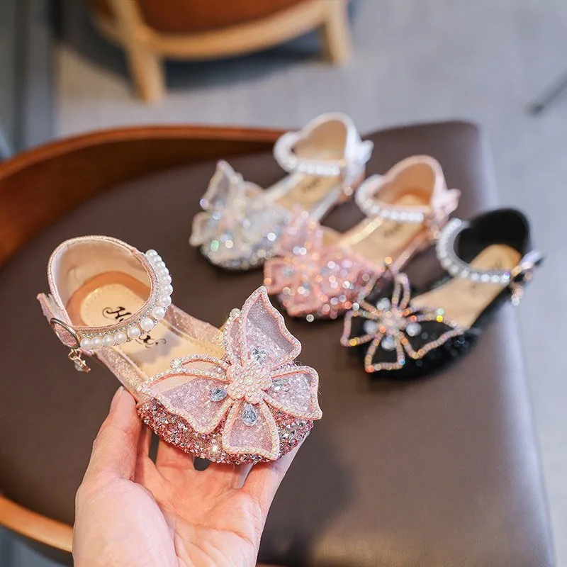 Summer Girls Sandals Baby Shoes Sequins Rhinestone Butterfly Casual Princess Shoes Children Dancing Ballet Flat Heel Sandals