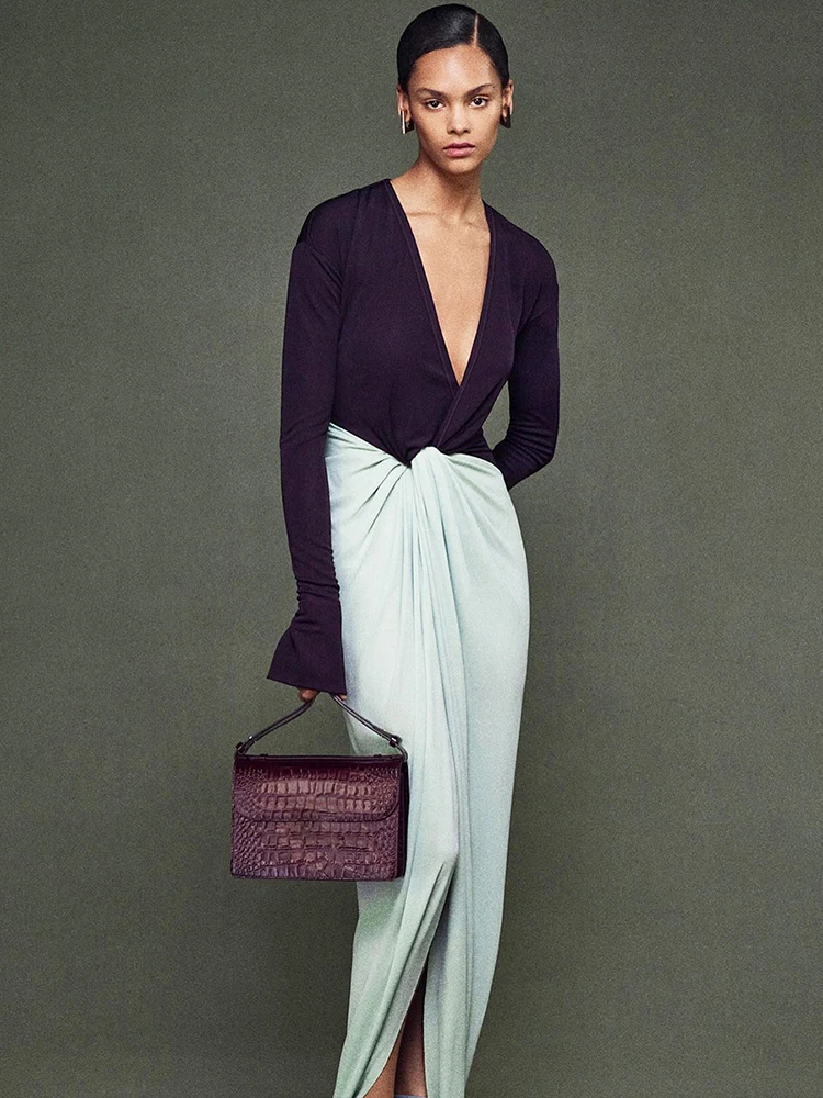 Sisterlinda Patchwork Dress Women Fashion Deep V-Neck Knot Full Sleeve Peach Hip Evening Prom Party Street Skinny Maxi Bodycon