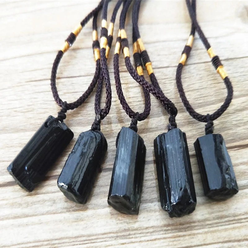 Black Tourmaline Column Pendant Rough Stone Natural Stone Necklace Ornament Crystal Thick Black Healing Energy Jewelry Gift