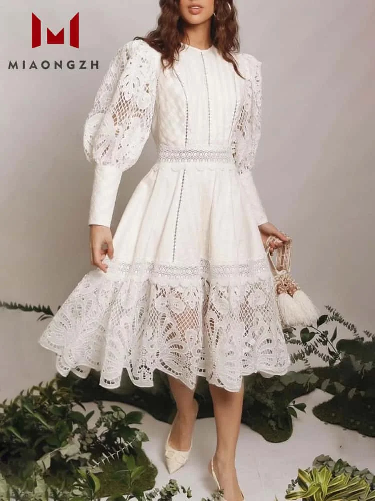 2025 New Hollow Out Embroidery Lace Dresses For Women O Neck Long Sleeve Slim Elegant Luxury Party Dress Female Fashion Clothing