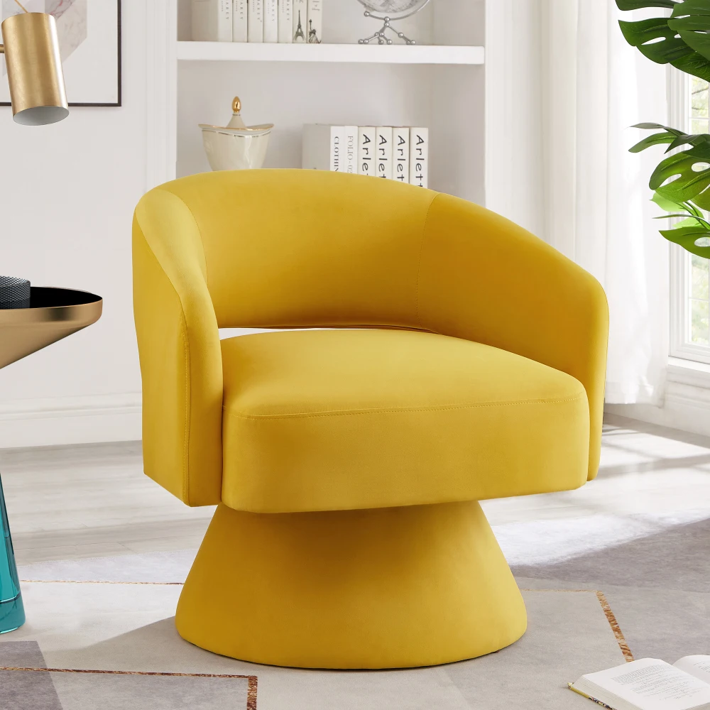 

Modern Swivel Barrel Chair, Upholstered Velvet Round Accent Chairs,360 Degree Comfy Swivel Chair with Open Backrest, Yellow
