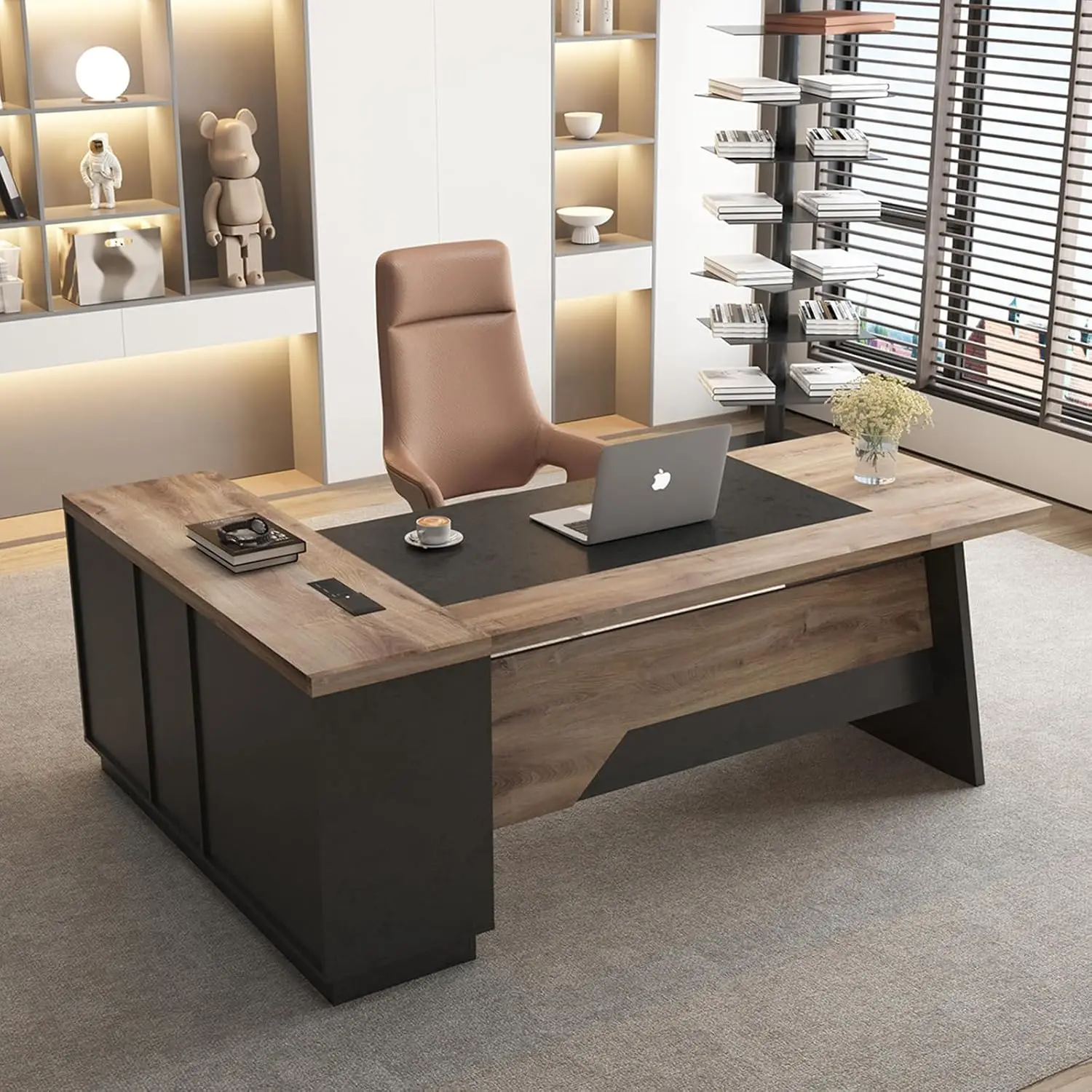 L-Shape Executive Desk with Drawers & Storage Shelves, 78.74 Inch Wood Computer Desk for Home Office, Right, Customized