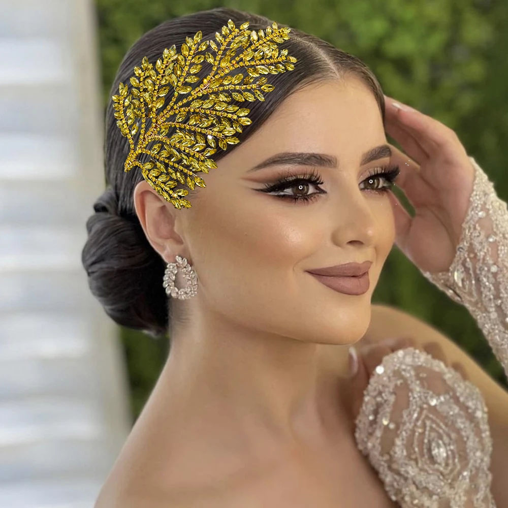 DZ110 الذهبي الأصفر الزفاف إكسسوارات الشعر للنساء الشعر مجوهرات حفلة العروس خوذة وصيفه الشرف تيارا هدية الزفاف عقال