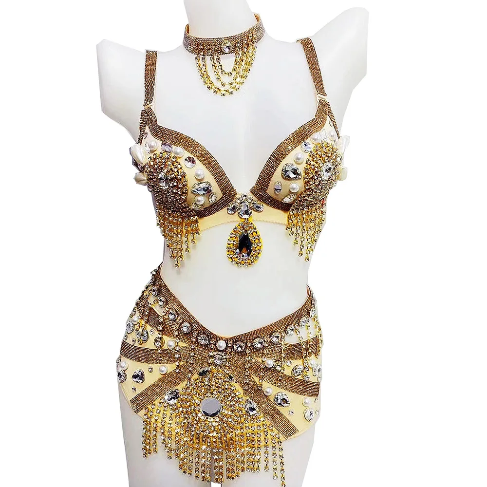 

Women Multicolored Spaghetti Strap Shining Crystal Rhinestones Beading Sexy Bikini DJ Nightclub Cloth Pole Dance Wear