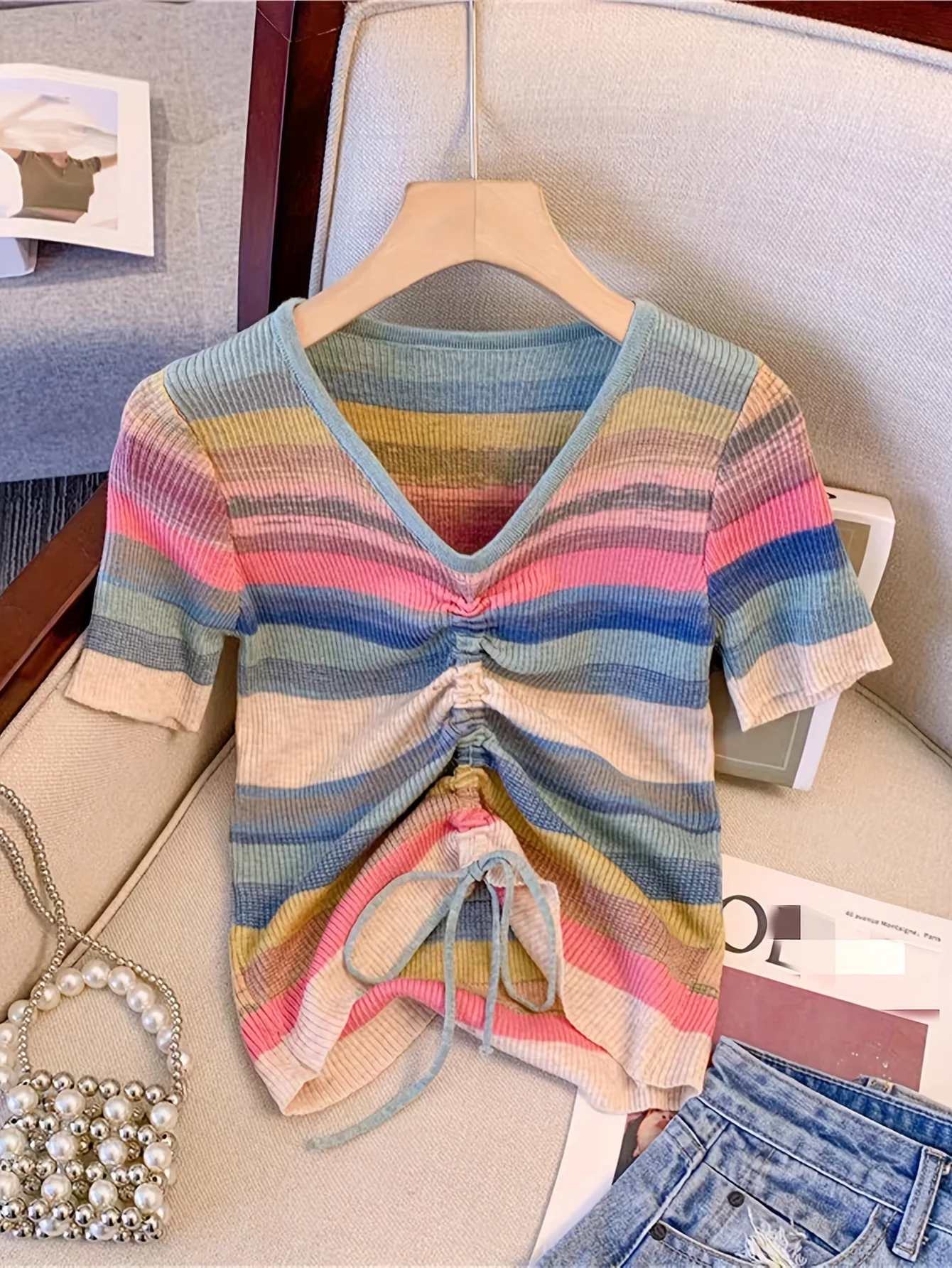 2024 New Summer Striped Print Drawstring Front Knitted Pullover Vacation V-neck Short Sleeve Colorblock Top Women\'s Clothing