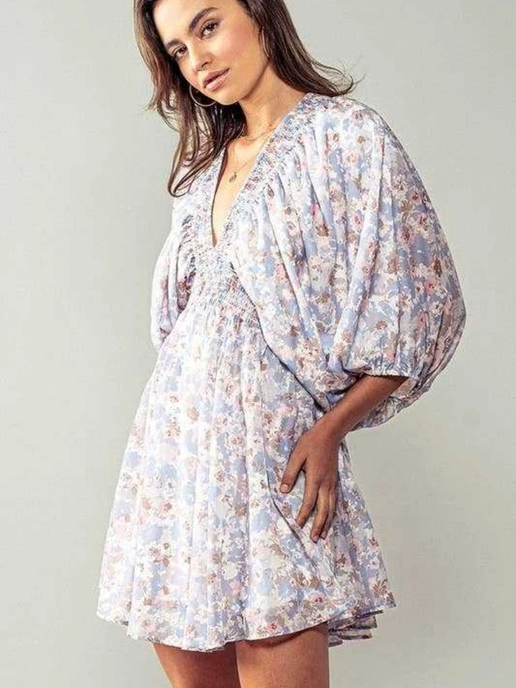 2025 Summer Women's Short Dress V-Neck Floral Print Ruffled Lantern Sleeves A-Line Swing Beach Dress Casual Boho Sundress
