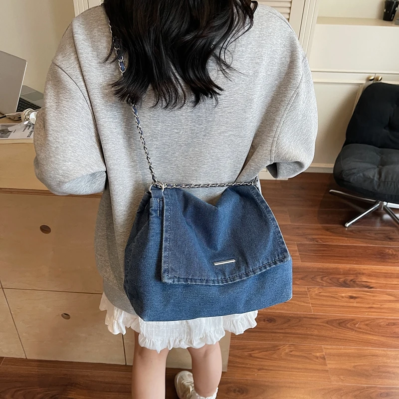 

Vintage Flap Denim Women's Bag 2025 New Shoulder Cross Bag Jeans Messenger Bag Y2K Mailbag Eco Bag Korean Handbag Chain Tote Bag