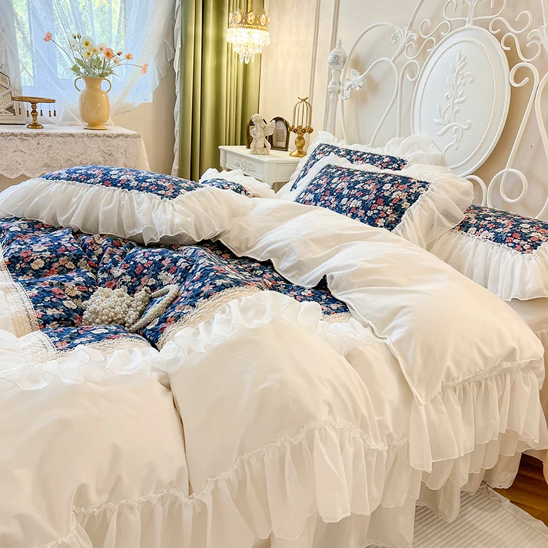 

100% Cotton Floral Print Lace Princess Bedding Set Queen King Size Korean Style Duvet Cover Bedspresd Bed skirt Pillowcase