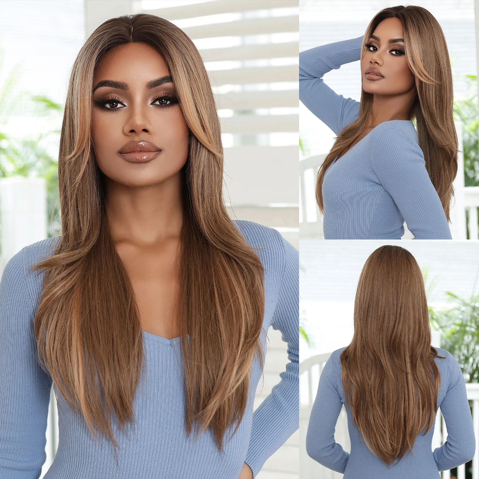 

Long Lace Frontal Synthetic Wigs Natural Brown Blonde Ombre Straight Hair Wigs for White Women Afro Daily Heat Resistant Fibre