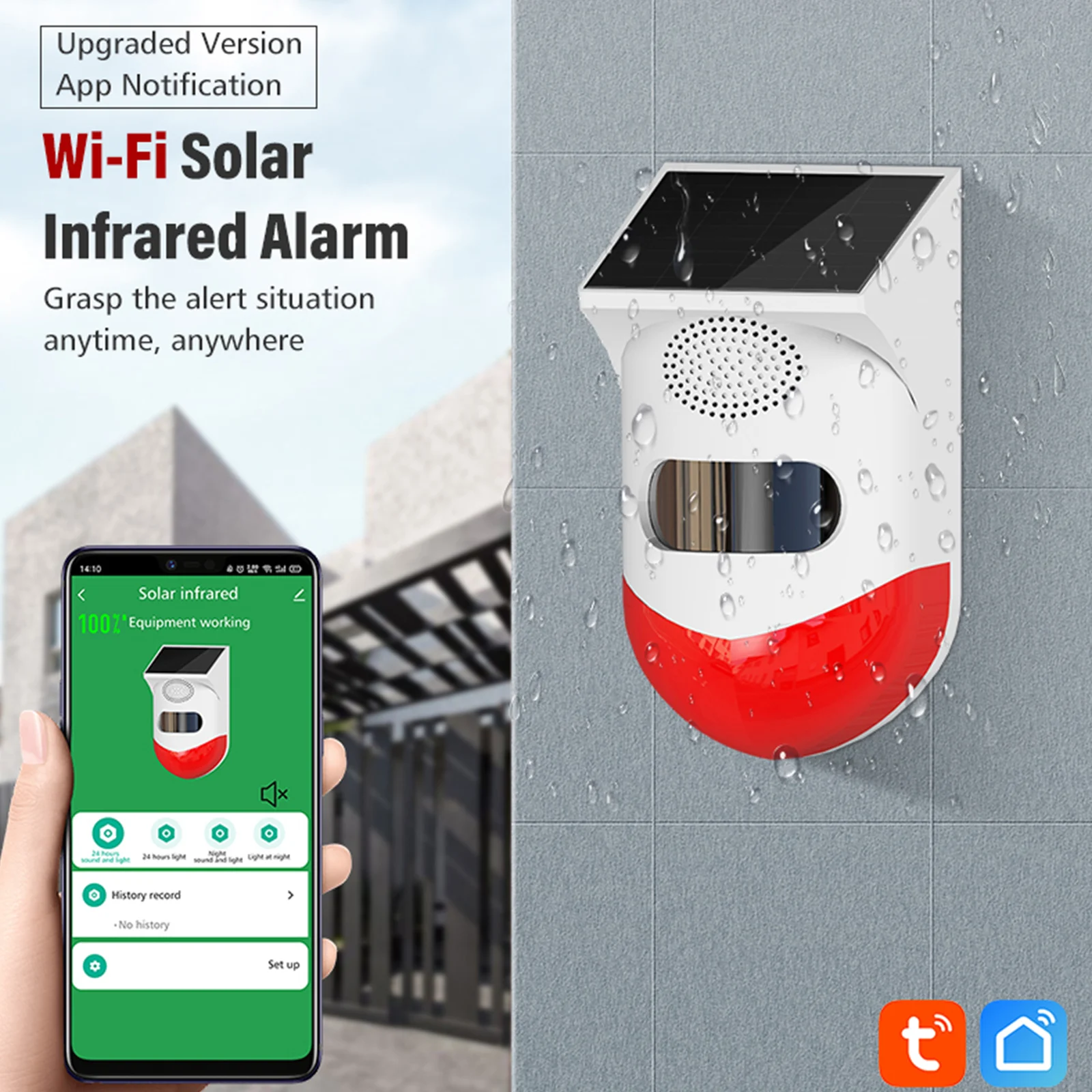 

New Strobe Siren Tuya WiFi Solar Powered Wireless Infrared Motion Sensor Detector Strobe Siren 120dB Alarm Waterproof PIR Sensor
