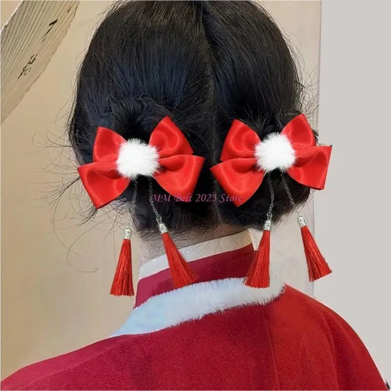 49ME Elegant Hairpin Sweet New Year Barrette Pompoms Bowknot 2000s Bunches