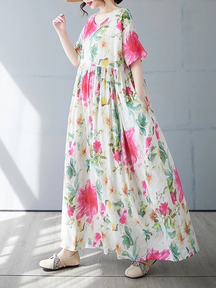 Oversized Cotton Short Sleeve Vintage Floral Print Dresses For Women Summer New In Loose Casual Long Dress Elegant Clothing 2025