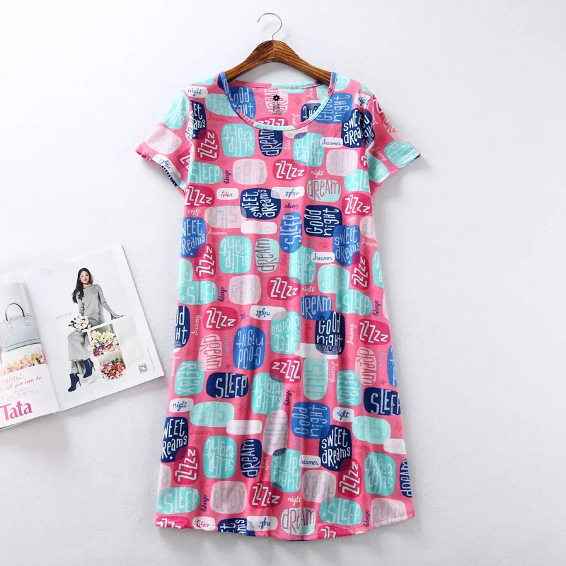 2024 Summer Casual Cartoon Sleep Dress Women Cotton Nightgown Short Sleeve Round Collar Sleepshirt Plus Size Homewear Nightdress