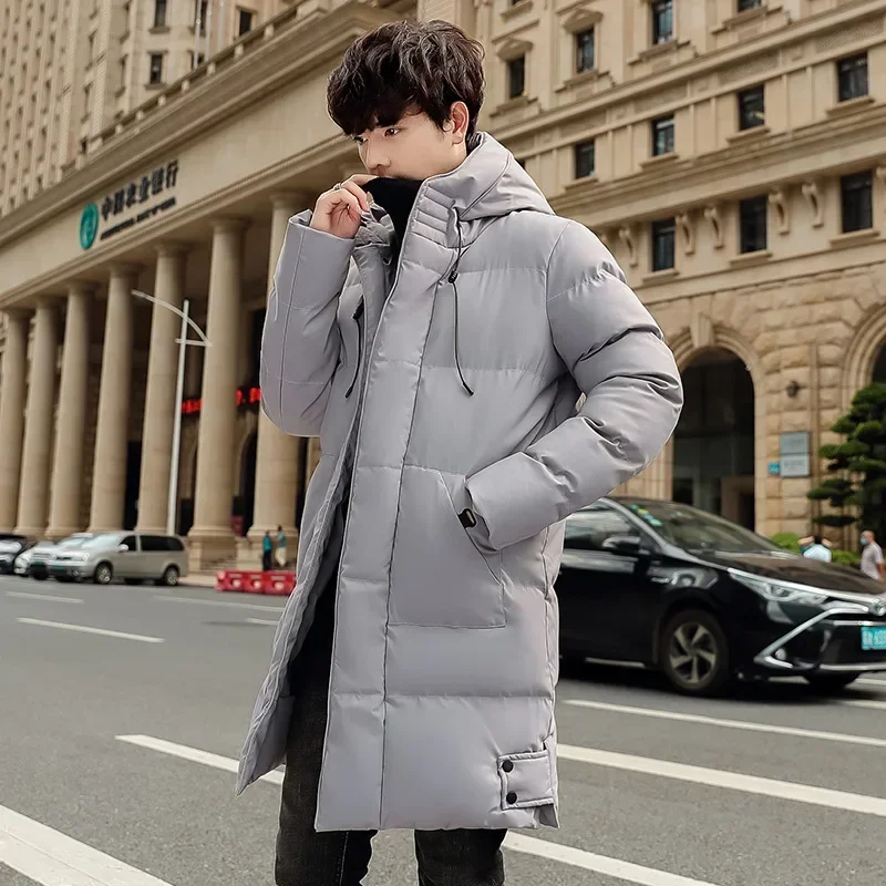 Men Parkas Thickened Hooded Winter Down Coat Solid Color Padded Cardigan Midi Length Zip Up Men Coat For Daily Wear