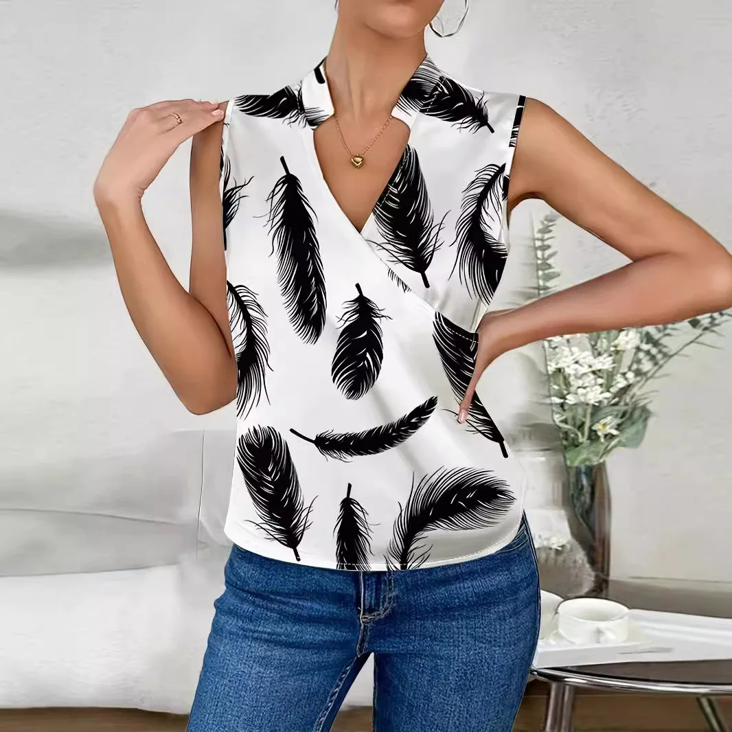 Elegant  New Women's Shirt V-neck Feather Lip Print Shirt Office Camisas De Manga Corta Женский Топ Camicia Donna Blusas