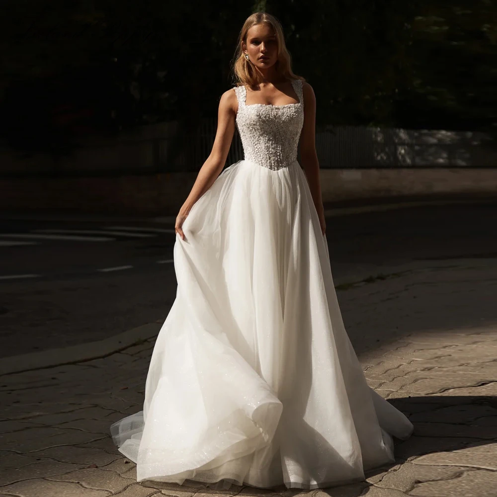 Lceland Poppy Customized A Line Square Neck Wedding Dresses Illusion Beaded Lace Bridal Gowns with High Slit
