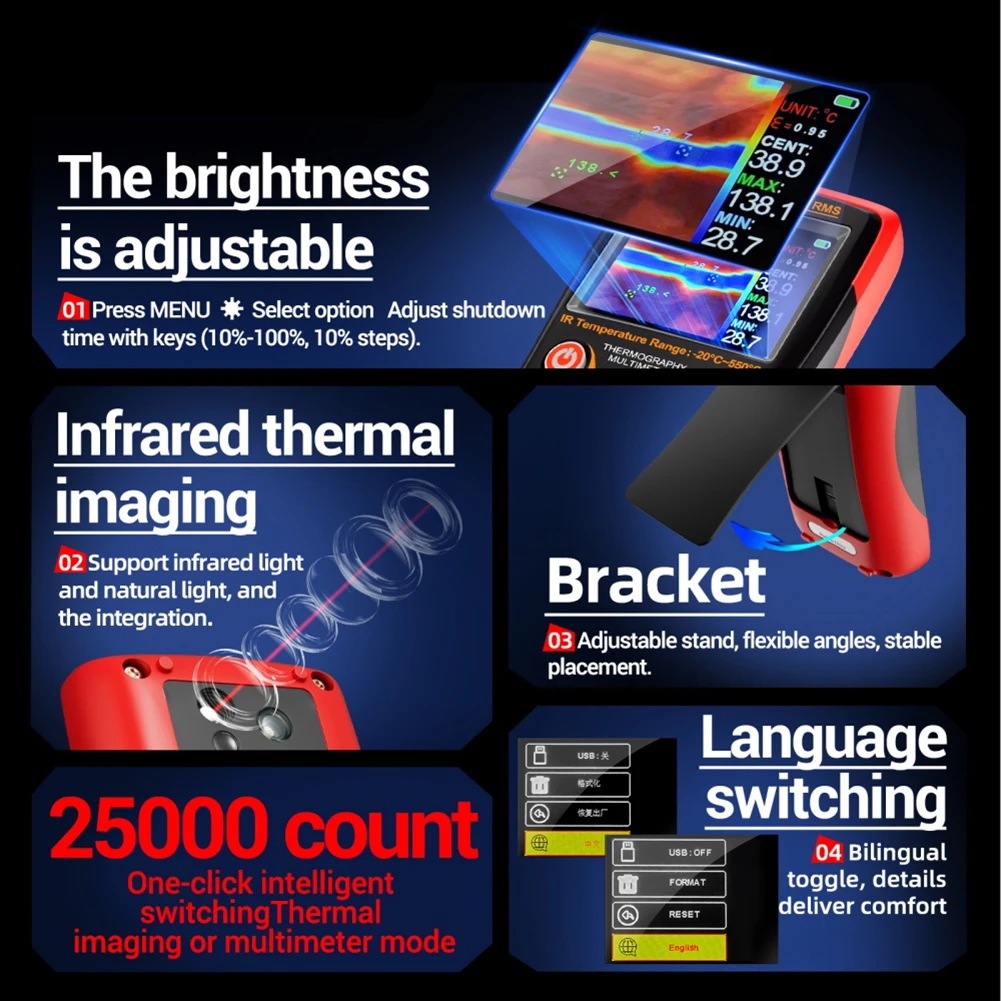 AR01 열화상 멀티미터 Type-C 충전 1000V 25000회 테스터 250MOhm 적외선 열화상 카메라 멀티미터 전기 기술자
