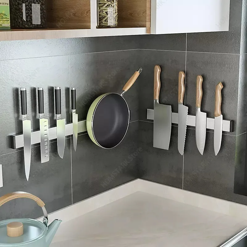 304 Stainless Steel Magnetic Knife Rack, No‑Drill Wall Mount Organizer for Kitchen Spatula Cookware Utensil Storage