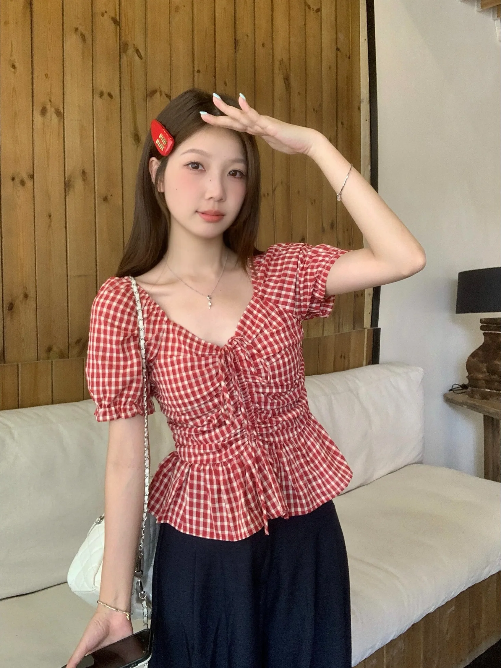 

plus Size Retro Plaid Bubble Sleeve Shirt Summer New Style Slimming Versatile Design Drawstring Pleated Top Women's Fashion