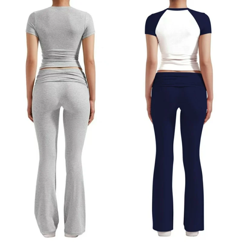 

Slim Crop Top Low Waist Flare Pants Woman O Neck Short Sleeve T Shirt Women Sport Fitness Clothes Casual Clothing Set
