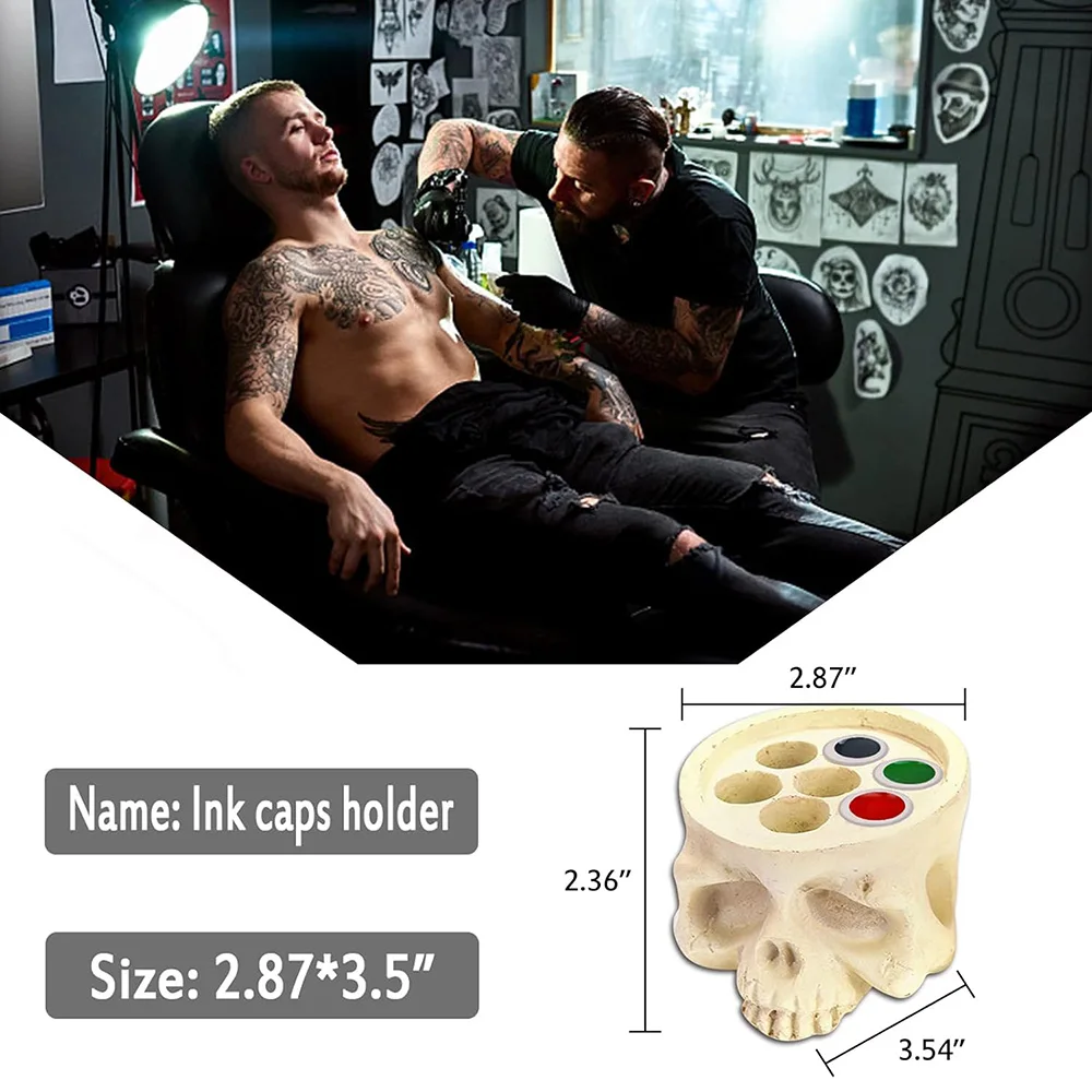 Skull Tattoo Ink Cups Holder with 100PCS Large Tattoo Ink Cups Pigment Container Ink Caps Stand Combo for Tattoo Ink Supplies