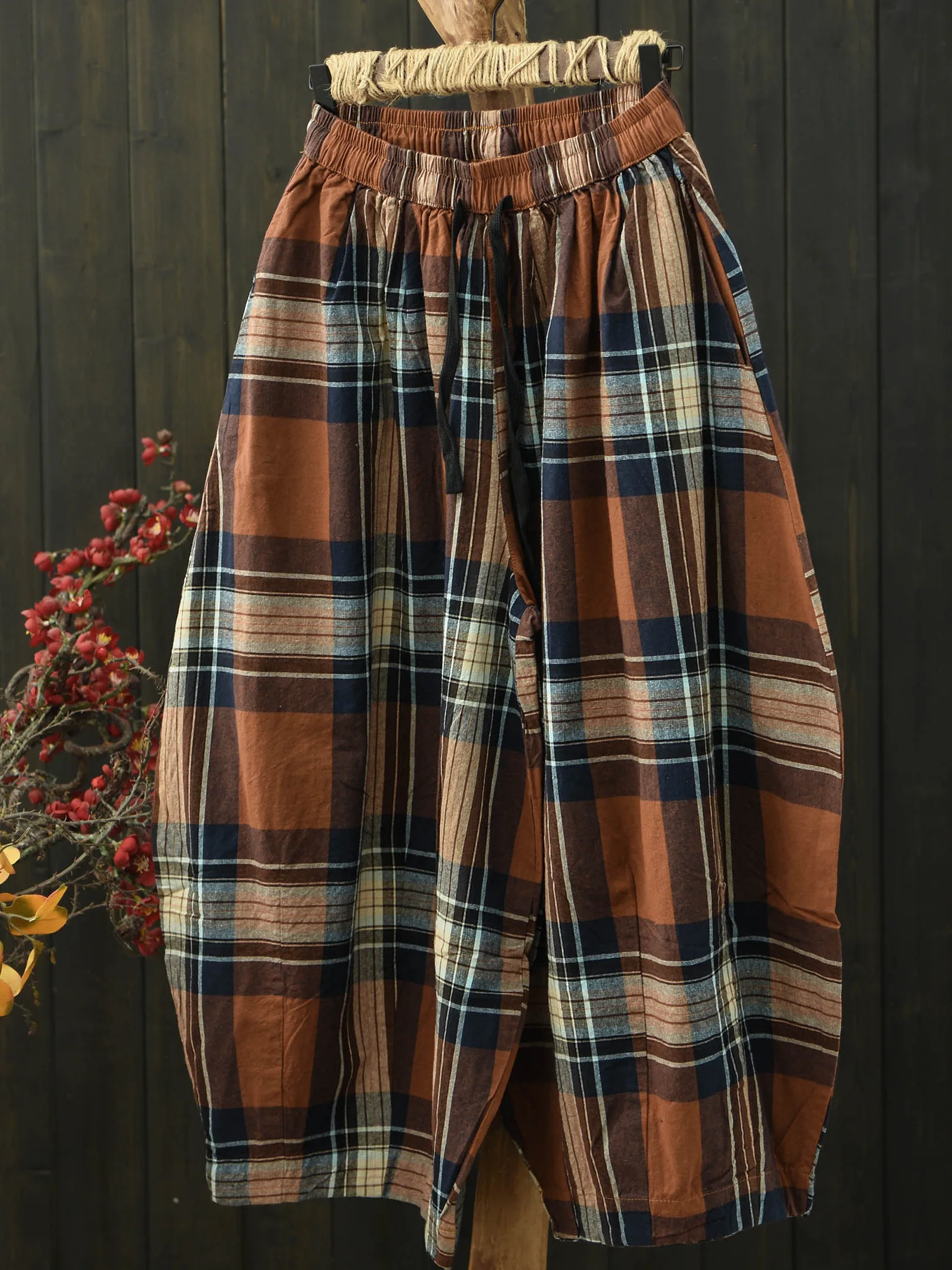 

Casual Thin Cotton Plaid Elastic Waist Large Size Lantern Pants Women's Long Pants Summer Lightweight Comfortable Breathable