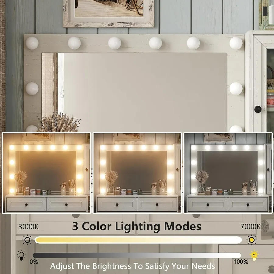 مكتب زينة كبير بمرآة المزرعة مع لمبات LED ومجموعة طاولة مكياج مع محطة شحن زجاجية ومخرج طاقة Adj
